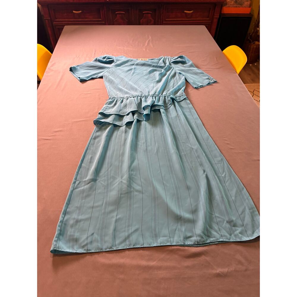 Vintage Charlee Allison for Evan Turquoise Blue Ruffle Waist DressY2K Retro Midi